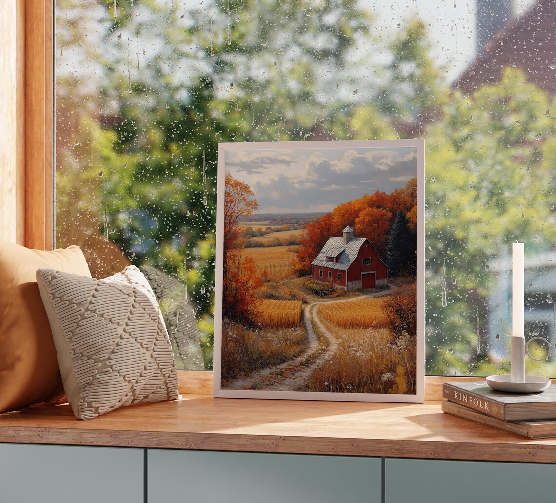 Red Barn Autumn Landscape With Golden Wheat Fields and Winding Path Wall Art - Image 2