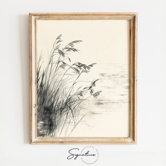 Riverbank Art Wild Grasses By The Water Tranquil Nature Wall Decor Serene Landscape Sketch Rustic Scenic Drawing Art 798