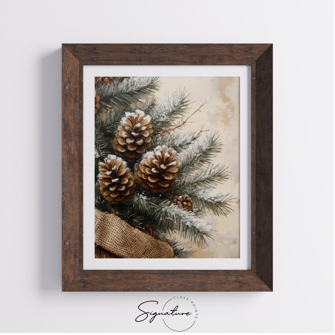 Snowy Pinecones And Evergreen Branches With Burlap Wrap Poster - Image 3