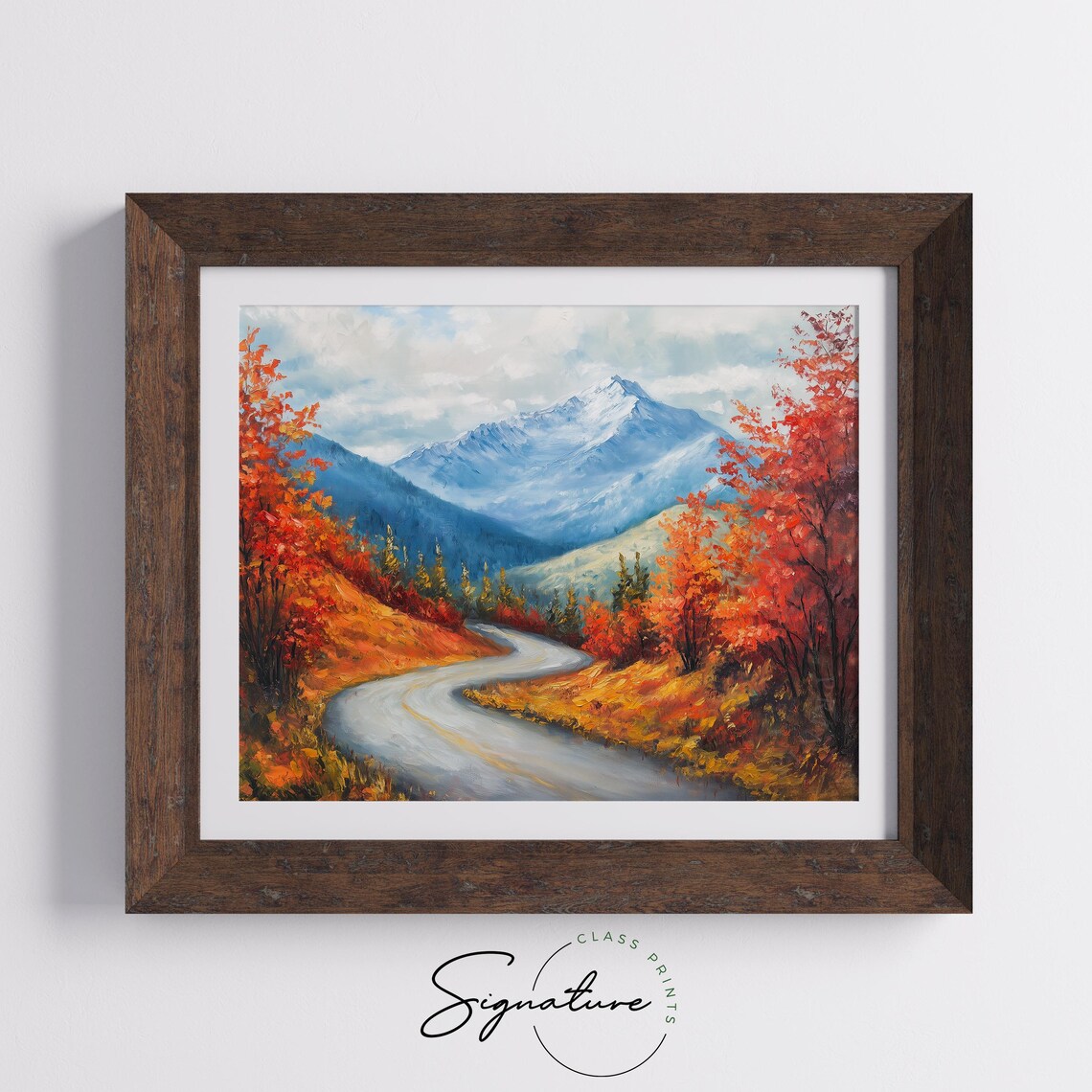 Winding Mountain Road Through Autumn Foliage Snowy Peak Poster - Image 5