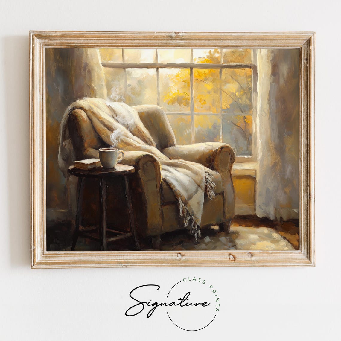 Cozy Reading Nook Armchair Coffee Sunlit Window Vintage Wall Art