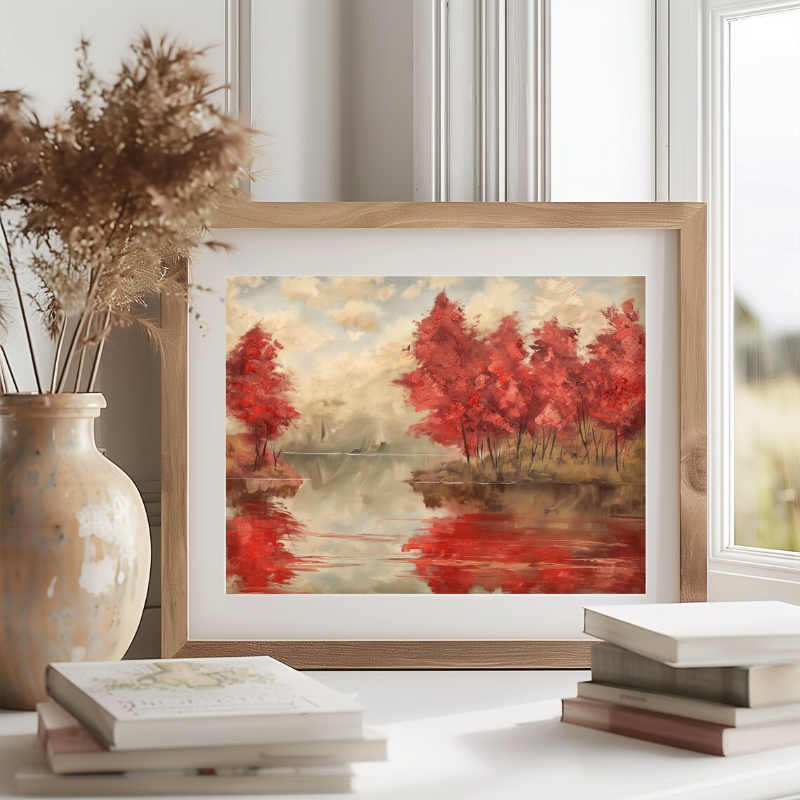 Scarlet Red Maple Trees Misty Lakeshore Tranquil Autumn Poster - Image 2