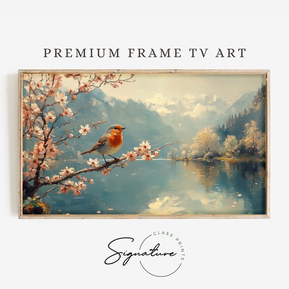 Robin On Blossom Branch Over Calm Mountain Lake Spring Poster