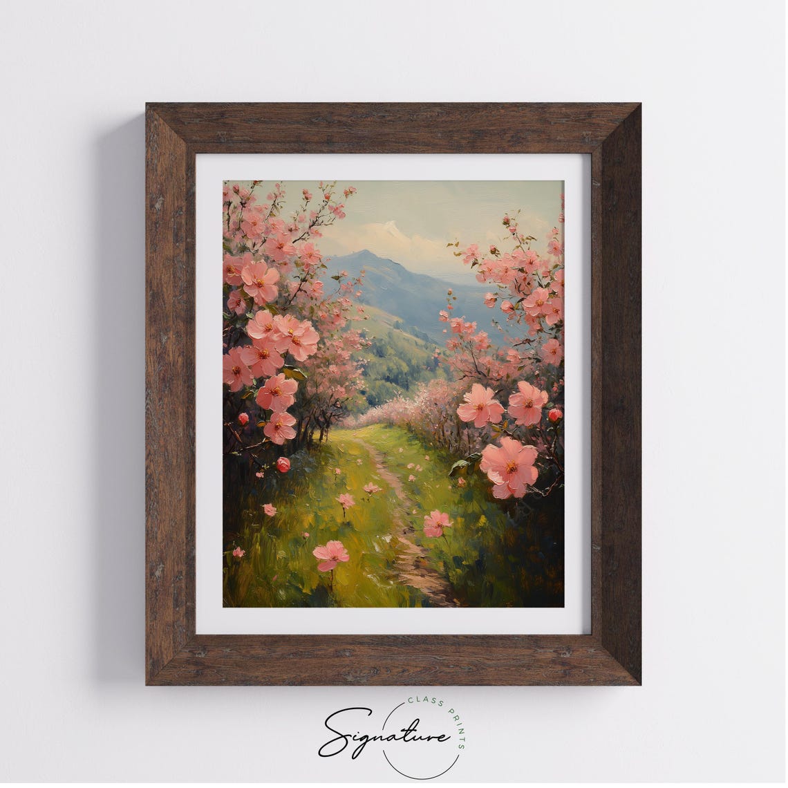 Lush Spring Meadow Cherry Blossoms With Mountain View Romantic Poster - Image 3
