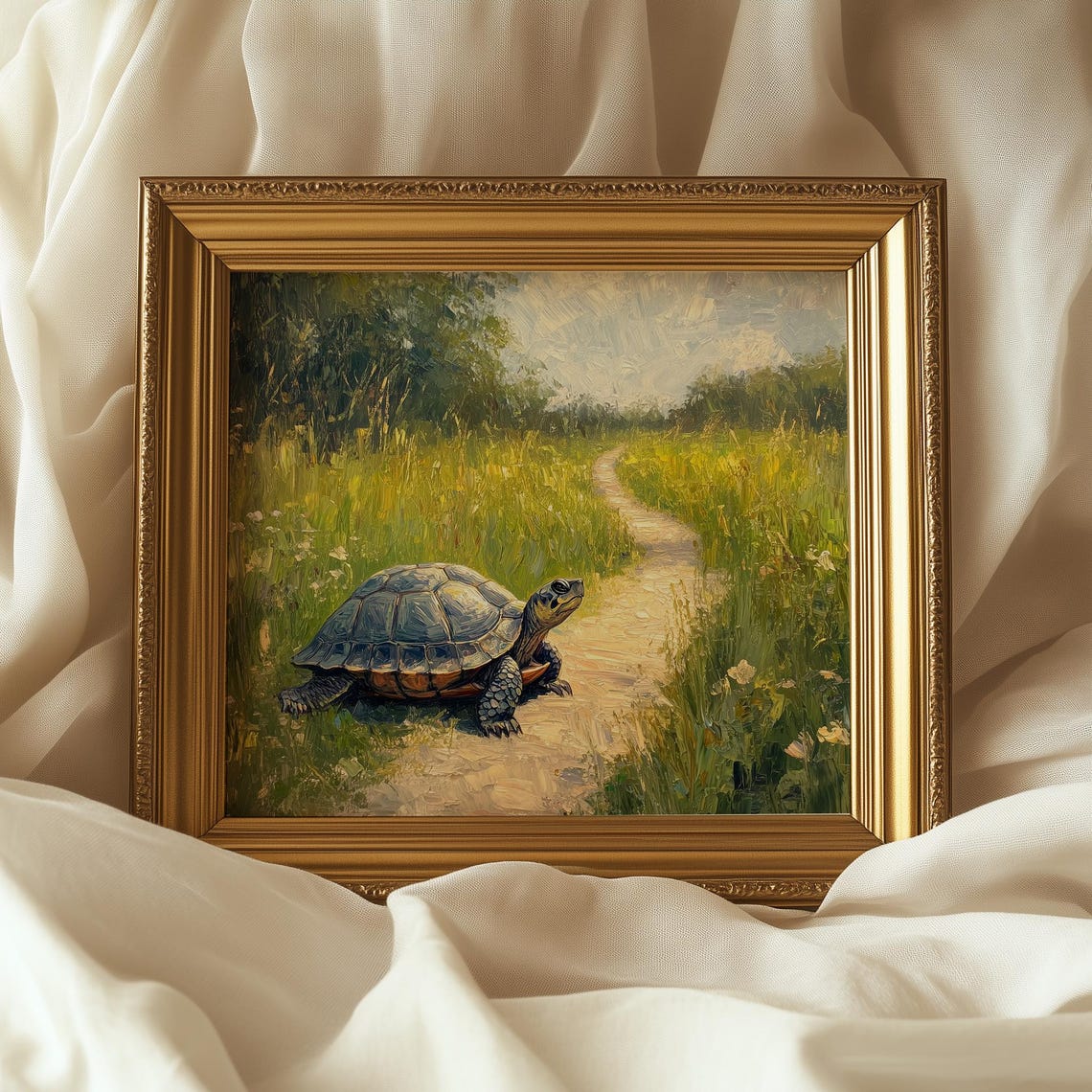Turtle Ambling Along Meadow Path Summer Wildflower Wildlife Art Print - Image 5
