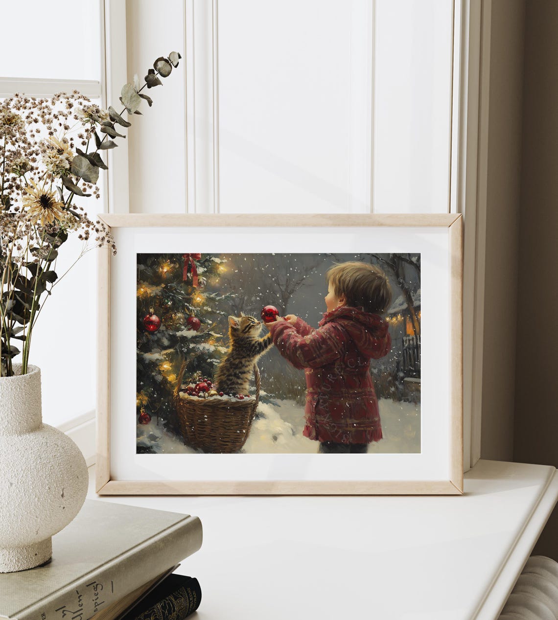 Child Sharing A Red Ornament With A Kitten By A Snowy Tree Poster - Image 6