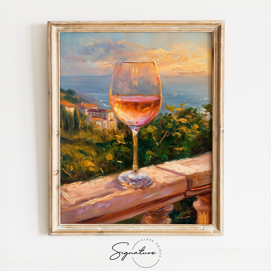 Glass of Rose Wine on Balcony Overlooking Coastal Town Poster