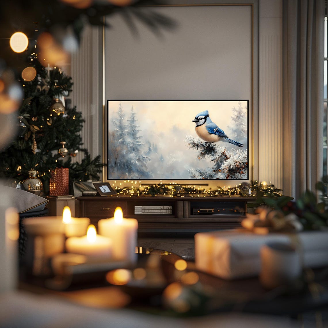 Blue Jay Perched On A Snowy Pine Branch In Soft Winter Light Poster - Image 6