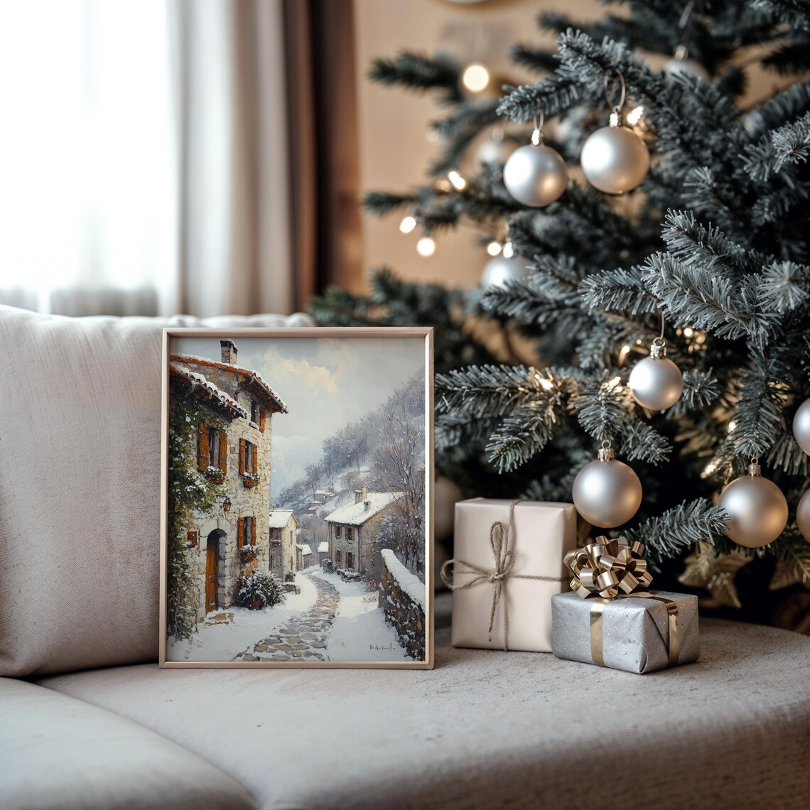 Frosty Cobblestone Street With Ivy Rustic Village Winter Poster - Image 5