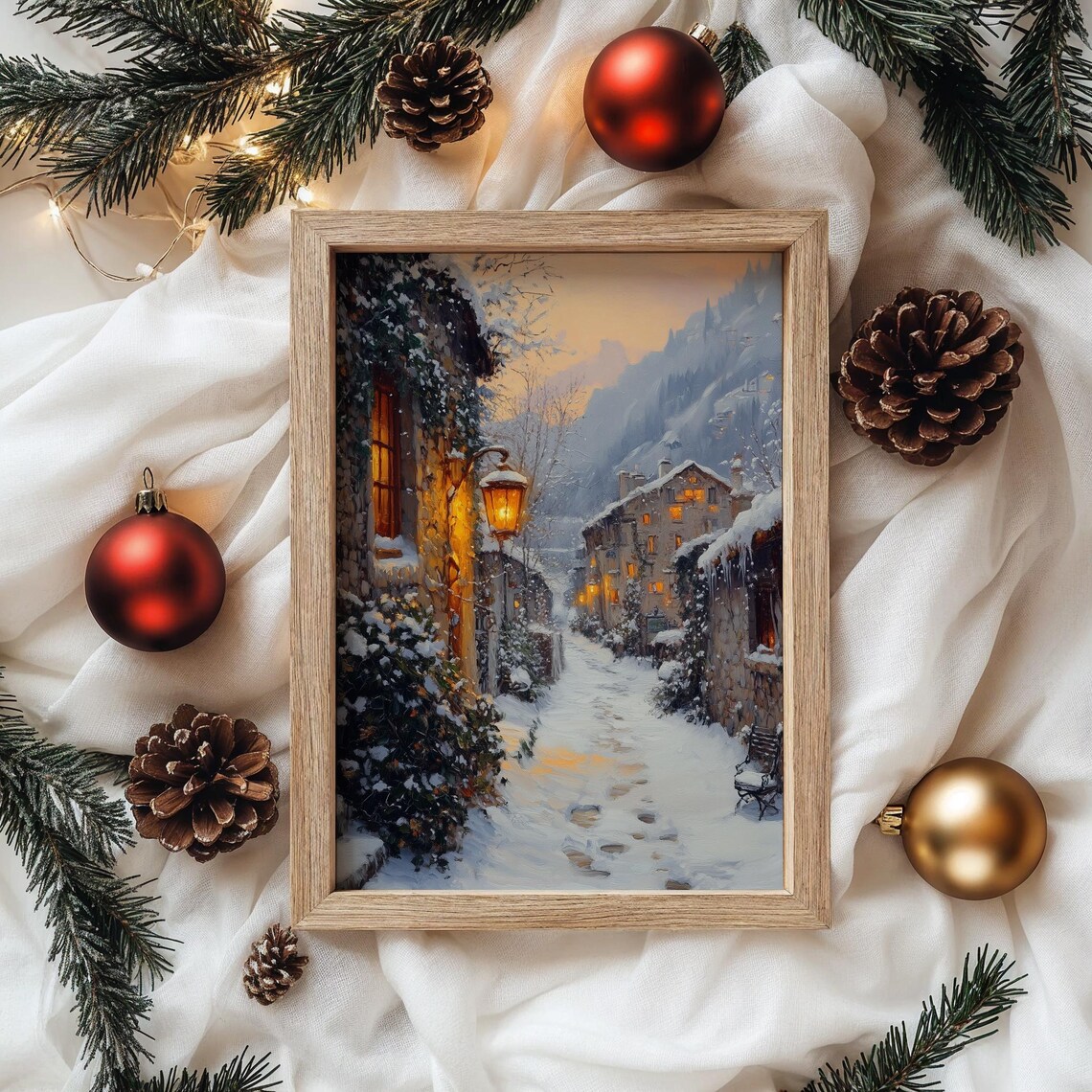 Snowy Village Lane At Dusk With Glowing Lamp Winter Scene Poster - Image 4