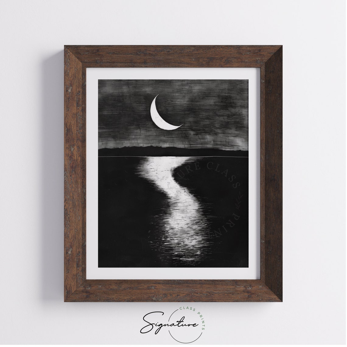 Crescent Moon Over Quiet Lake Night Reflection Sketch Poster - Image 4