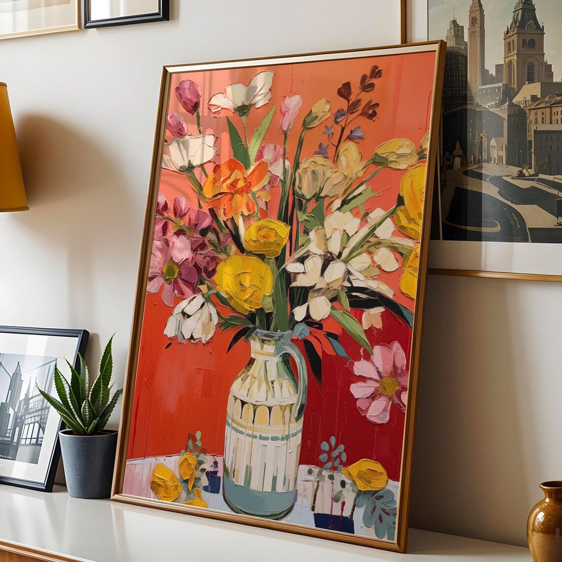 Vibrant Floral Bouquet in Textured Vase Impasto Style Poster