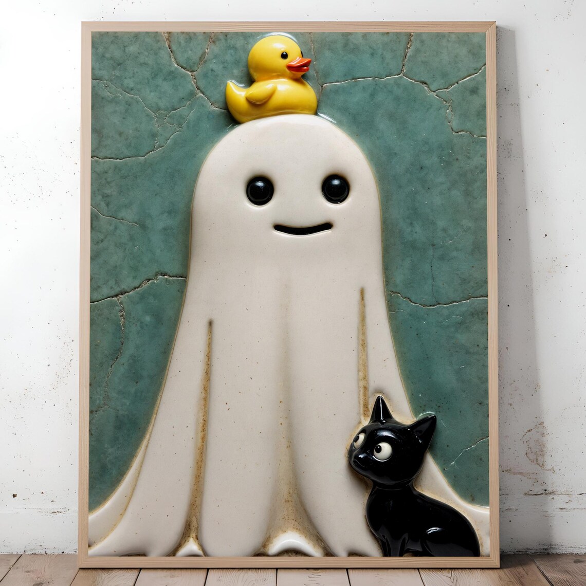 Whimsical Print Rubber Duck Black Cat Teal Halloween Decor