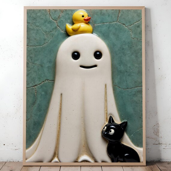 Whimsical Print Rubber Duck Black Cat Teal Halloween Decor