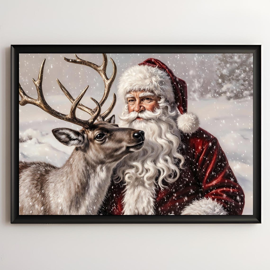Vintage Santa Claus Reindeer Snowstorm Nostalgic Christmas Poster