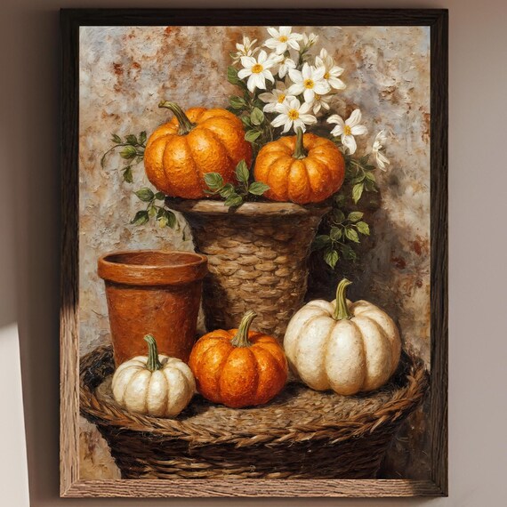 Rustic Pumpkin Still Life With White Flowers Farmhouse Oil Painting Poster