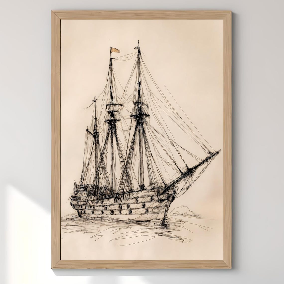 Vintage Tall Ship Ink Sketch Antique Nautical Sailing Vessel Poster