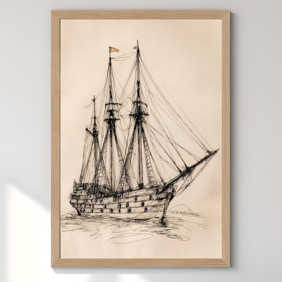 Vintage Tall Ship Ink Sketch Antique Nautical Sailing Vessel Poster