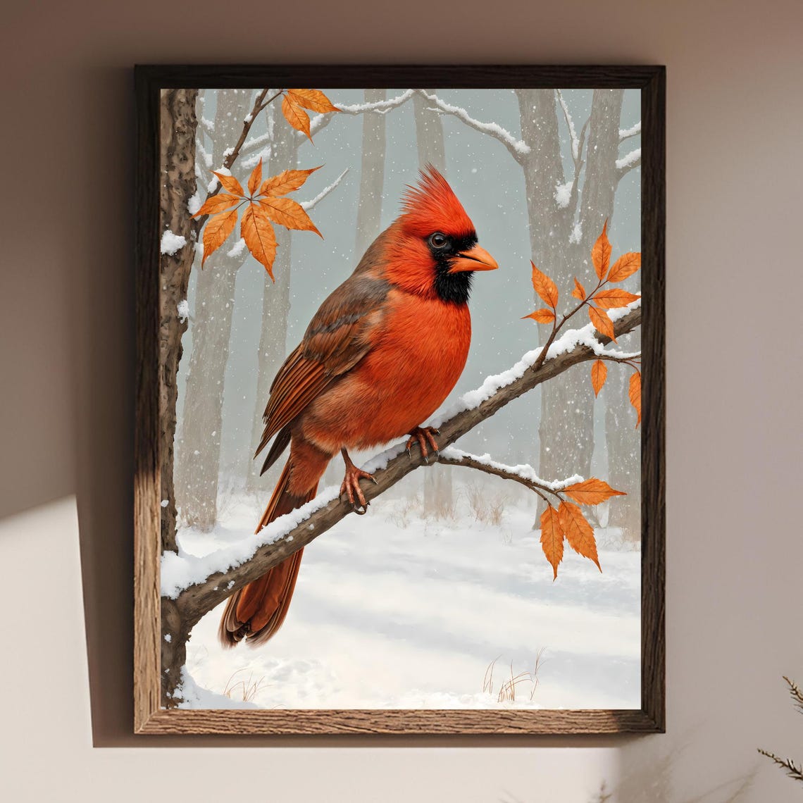 Northern Cardinal Snowy Winter Bird Branch Painting Poster Art