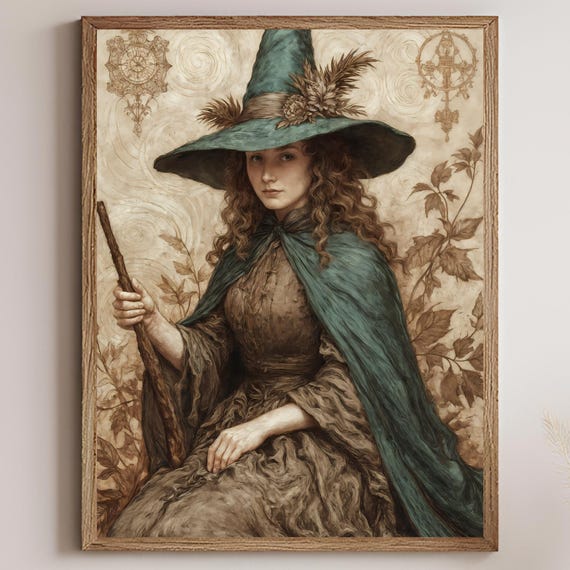 Vintage Witch Wall Art Print Antique Folklore Oil Painting Autumn Leaves Fairytale Rustic Home Decor