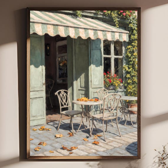 Poster Sage Green Paris Cafe Facade Oil Painting Style Autumn Street Wall Art Canvas Print