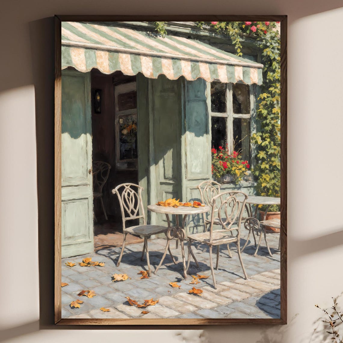Sage Green Paris Cafe Facade With Awning Autumn Street Scene Poster