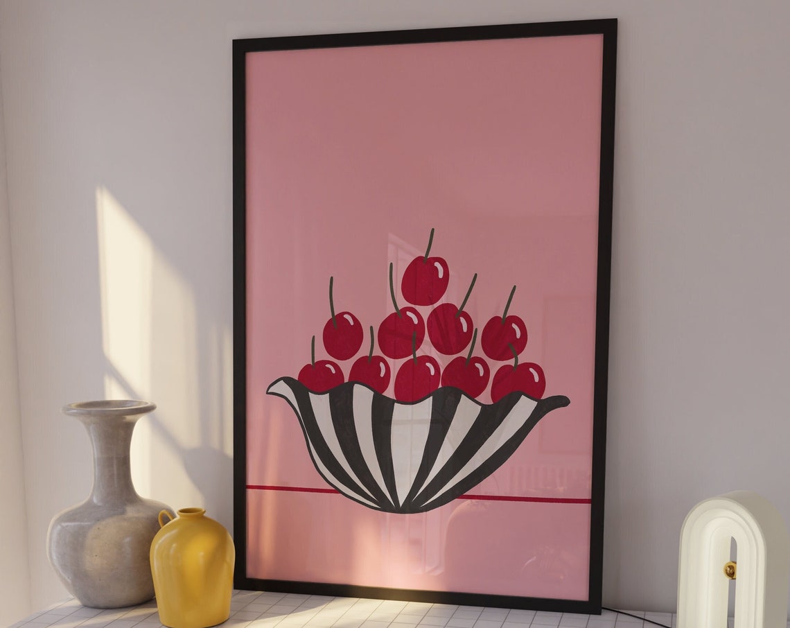 Juicy Red Cherries in Striped Bowl Retro Pink Kitchen Wall Art