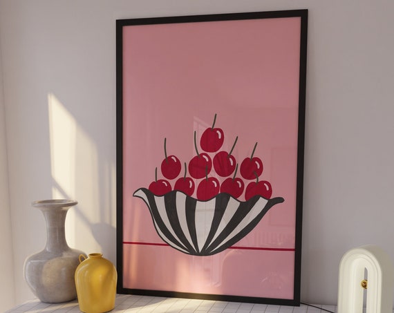 Cherry Poster Danish Pastel Wall Art Dopamine Decor Girl Apartment Pink Fruit Prints And Red Kitchen