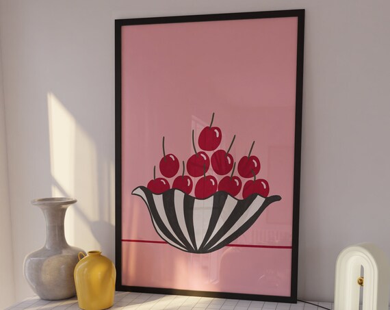Juicy Red Cherries in Striped Bowl Retro Pink Kitchen Wall Art