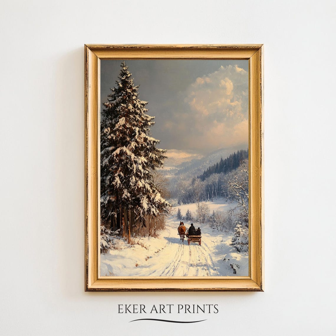 Horse Drawn Sleigh Snowy Forest Antique Winter Landscape Art Print