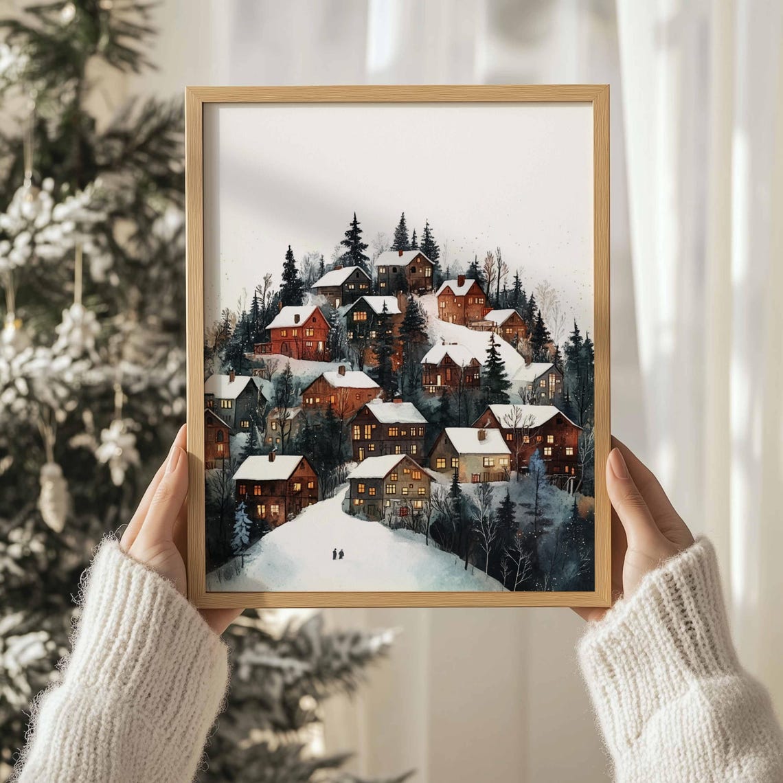 Snowy Scandinavian Village Hillside Glowing Windows Watercolor Print - Image 3