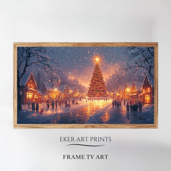 Christmas Frame Tv Art Christmas Village Tv Decor Vintage Holiday Town Tree Painting Moody Winter Screensaver Tv