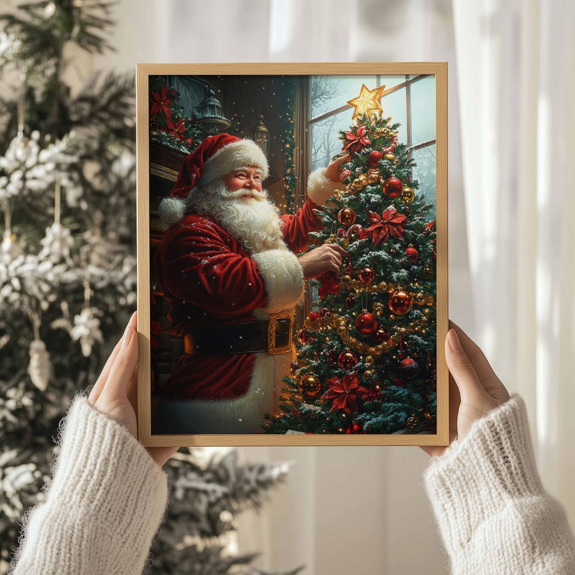 Santa Decorating Christmas Tree Ornaments Cozy Window Art Print - Image 2