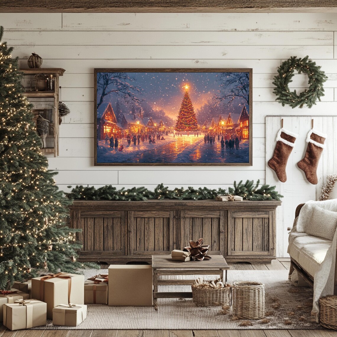 Christmas Frame Tv Art Christmas Village Tv Decor Vintage Holiday Town Tree Painting Moody Winter Screensaver Tv - Image 3
