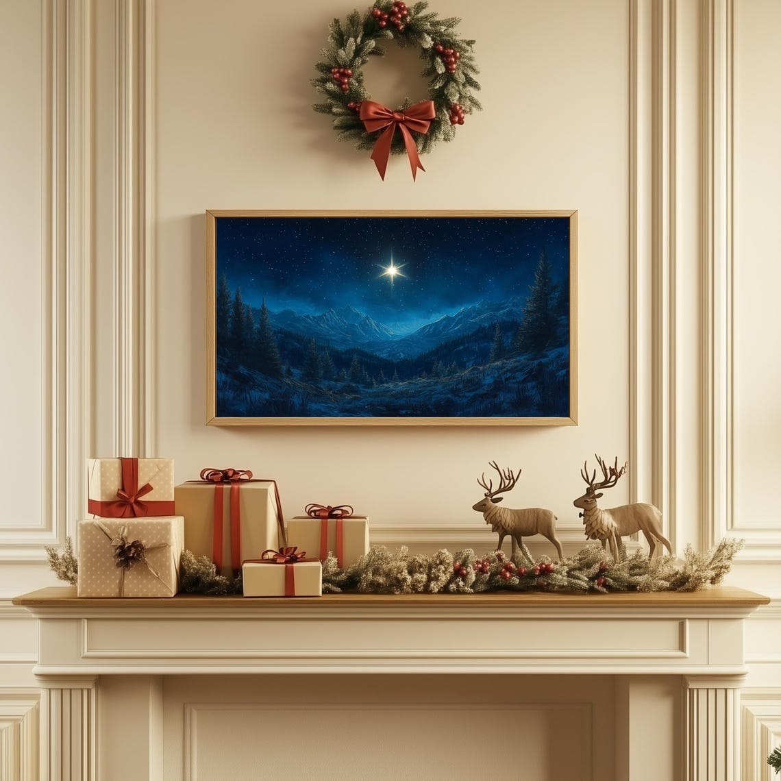 Bright Christmas Star Night Mountain Valley Pines Wide Art Print - Image 2