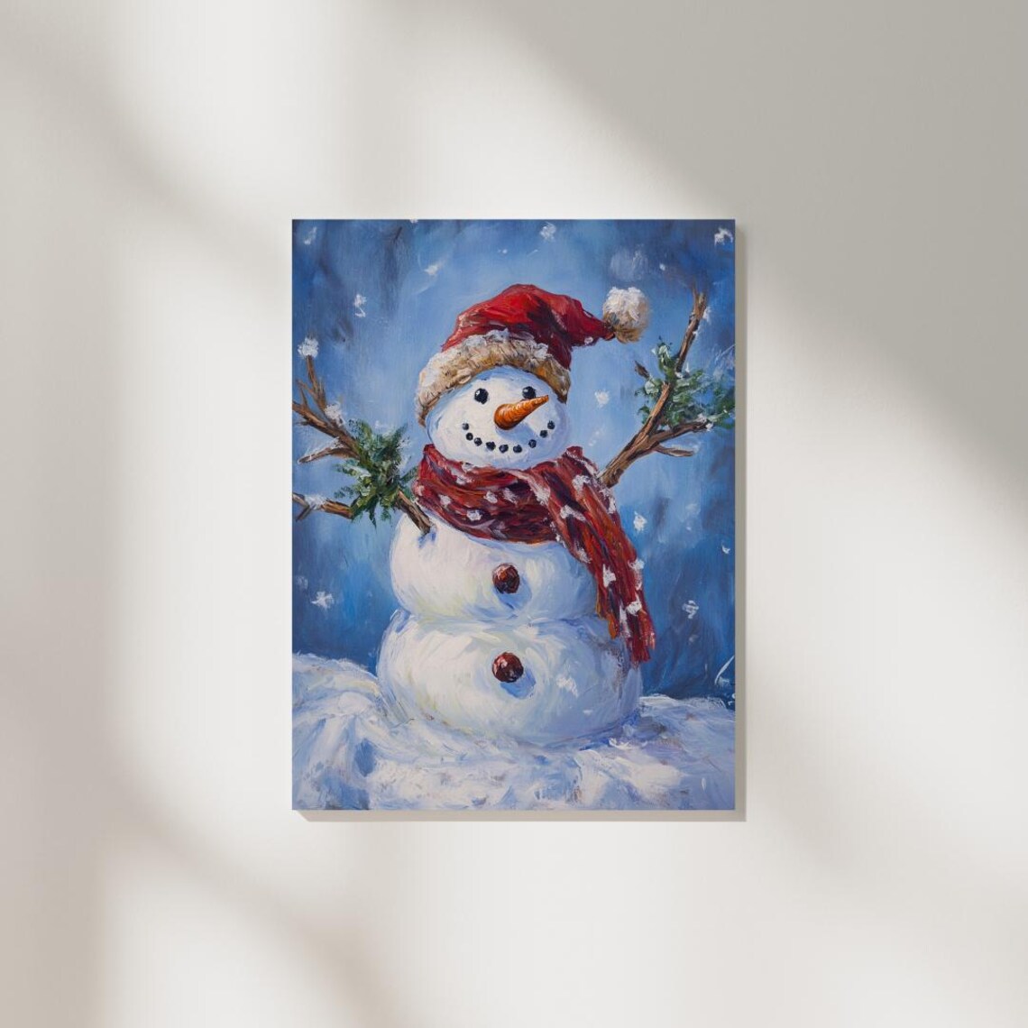 Christmas Snowman Red Santa Hat Scarf Snowy Blue Painting Art Print - Image 2