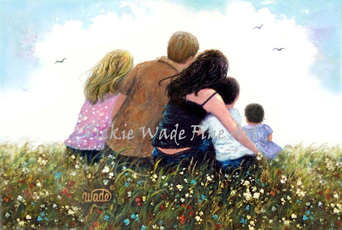 Family of Five Sitting Close Together in a Wildflower Meadow Poster