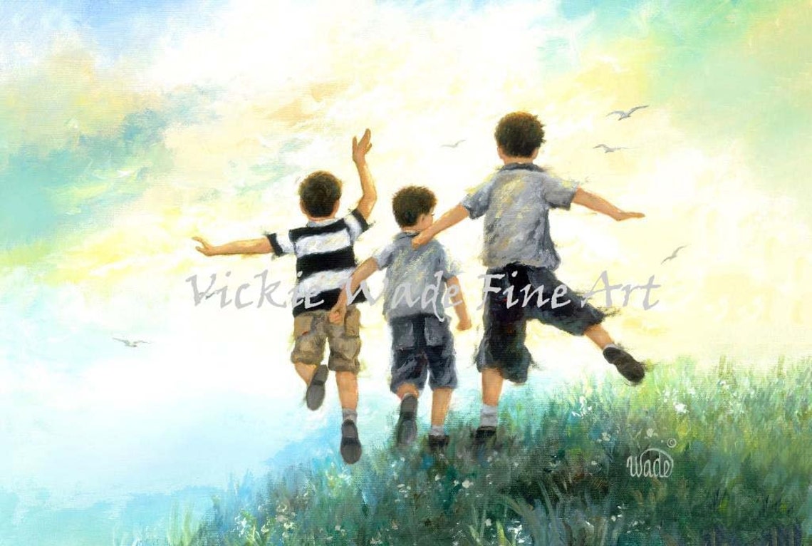 Three Happy Boys Leaping With Arms Open Under a Bright Sky Poster