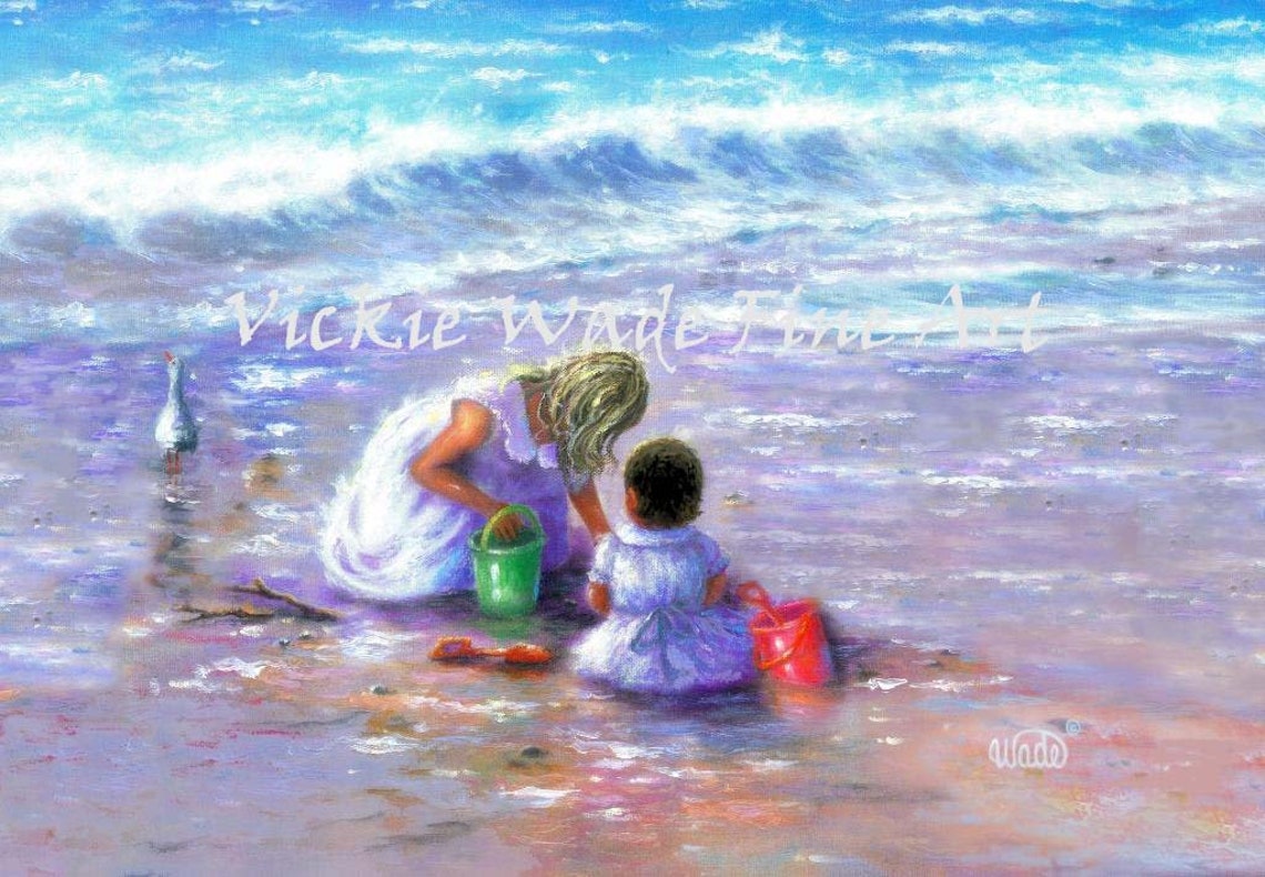 Two Beach Sisters Art Print Two Beach Girls Shelling Blonde And Brunette Girls Blonde Big Sister Brunette Little Sister Vickie Wade Art