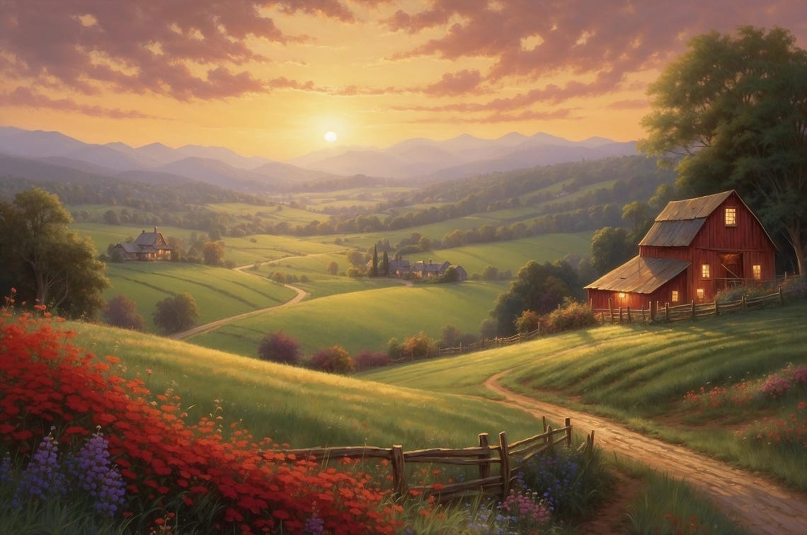 Red Barn on Rolling Green Hills Sunset Farm Landscape Art Poster - Image 2