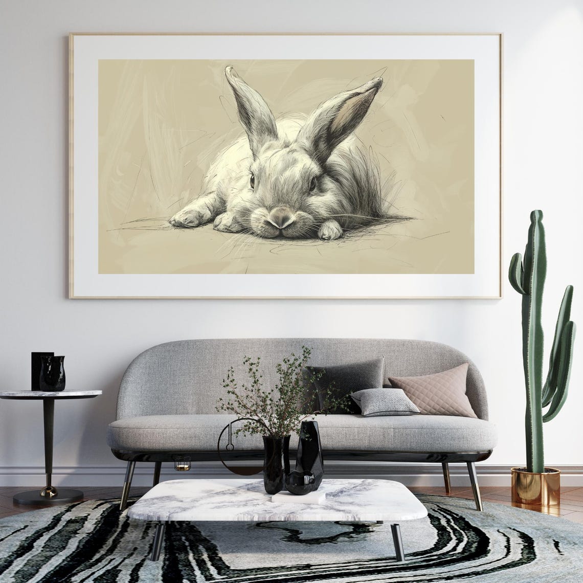 Resting Rabbit Hand Drawn Sketch Bunny Animal Artwork Poster