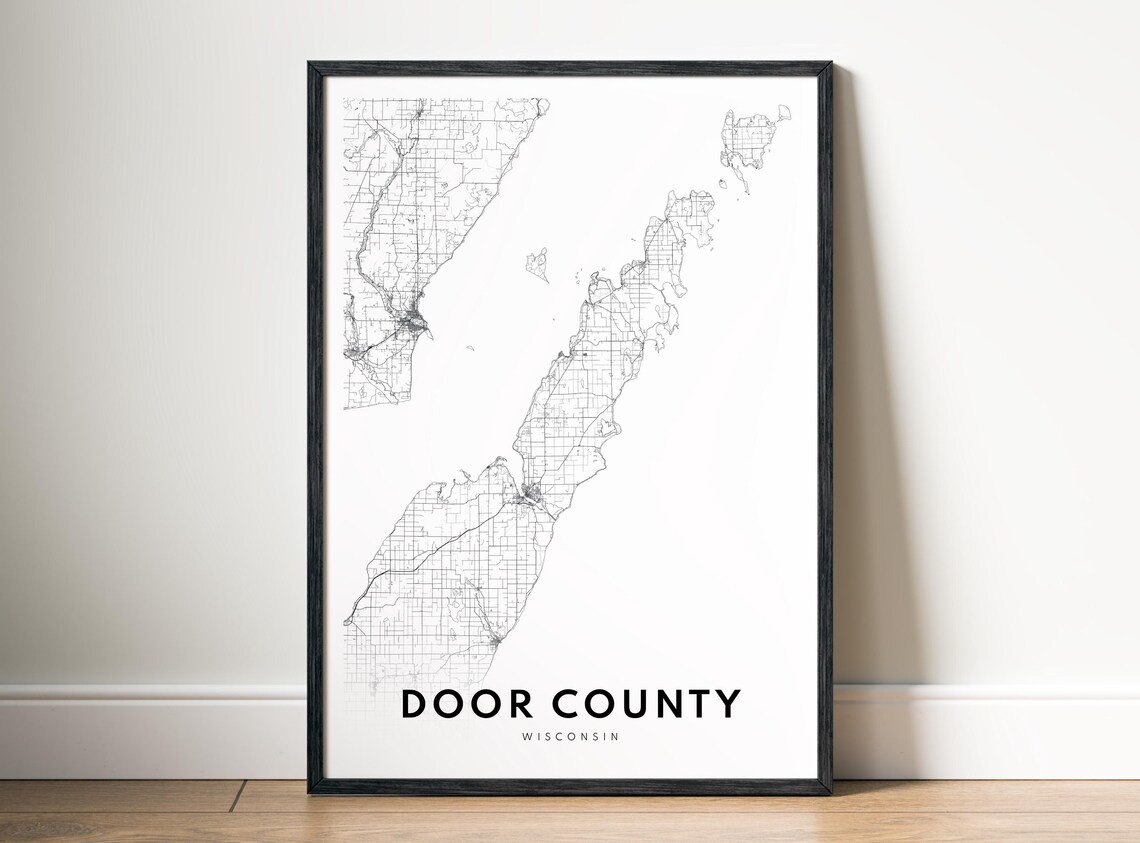 Door County Wi Map Poster Wisconsin Black And White Print