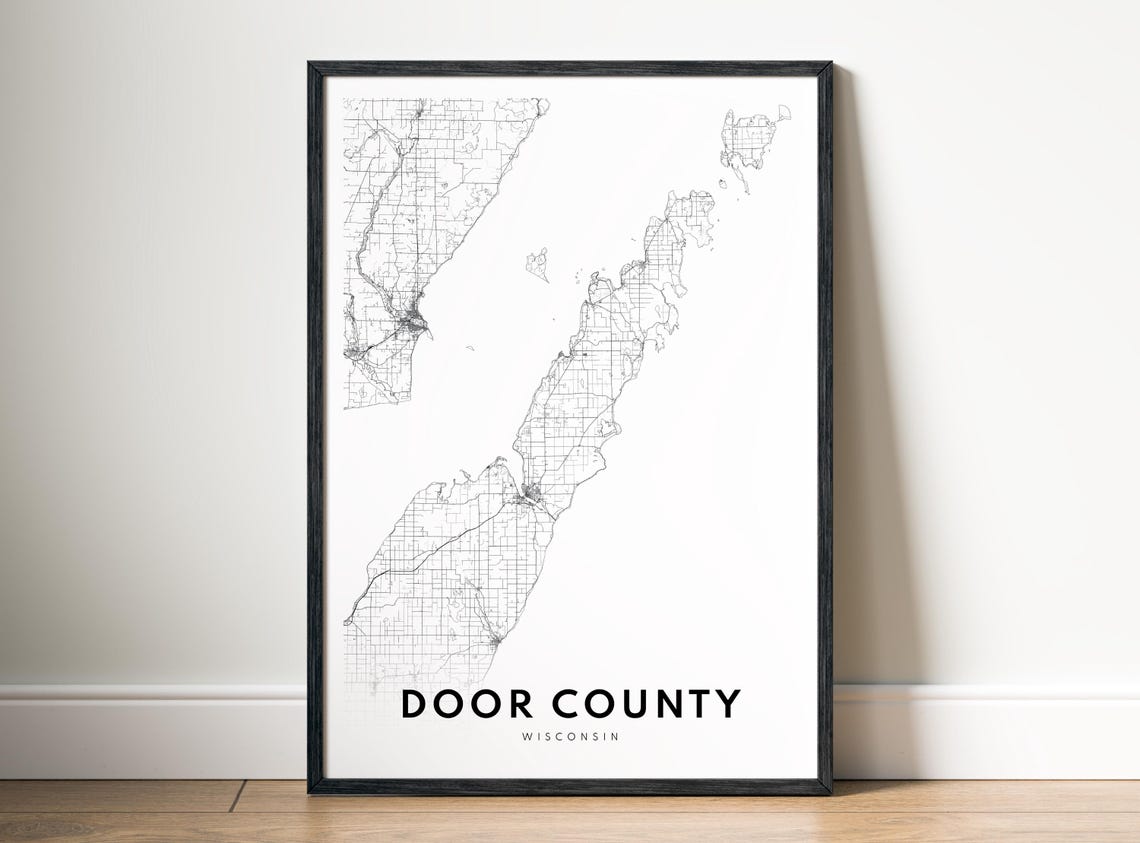 Door County Wisconsin Minimalist Black And White Peninsula Map Poster