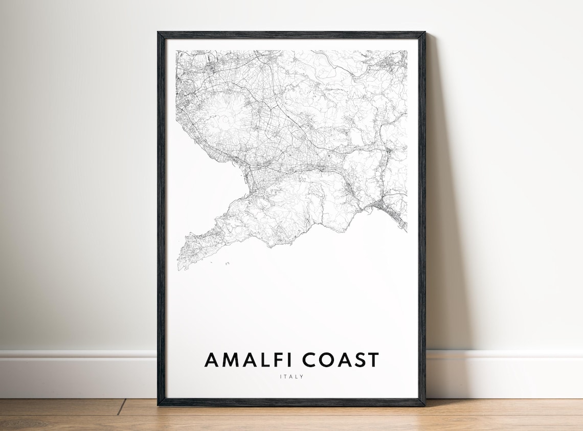 Amalfi Coast Italy Coastal Area Street Map Black And White Line Art Poster