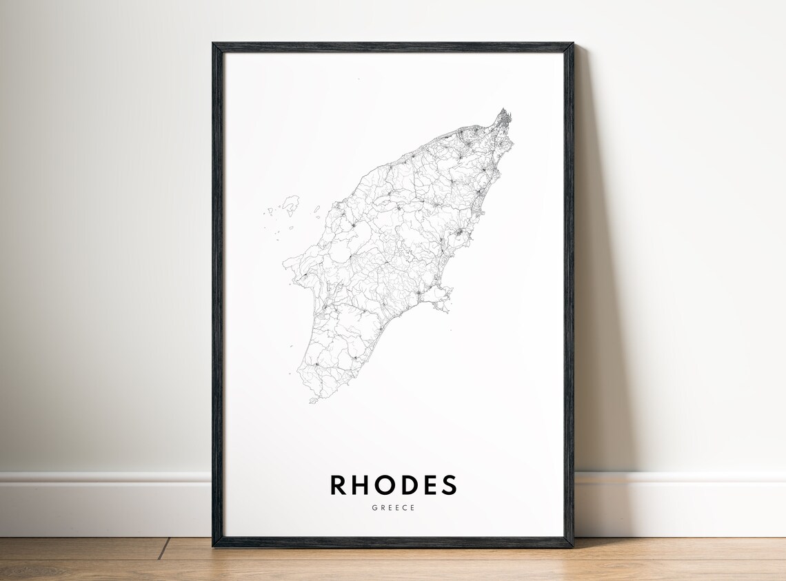 Rhodes Greece Black and White Island Road Map Aegean Sea Poster - Image 5