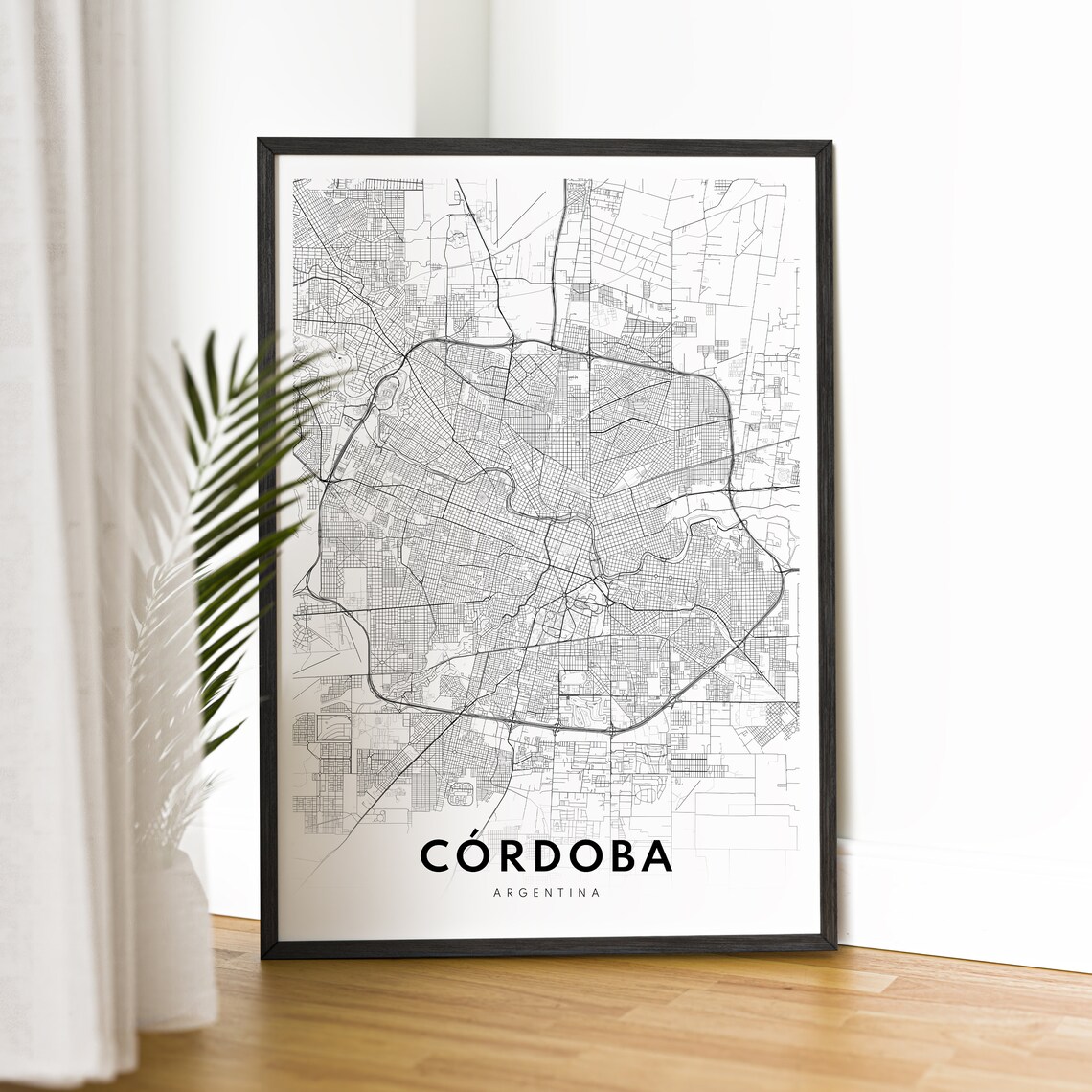 Cordoba Argentina Minimalist Line Art City Map Black White Wall Art