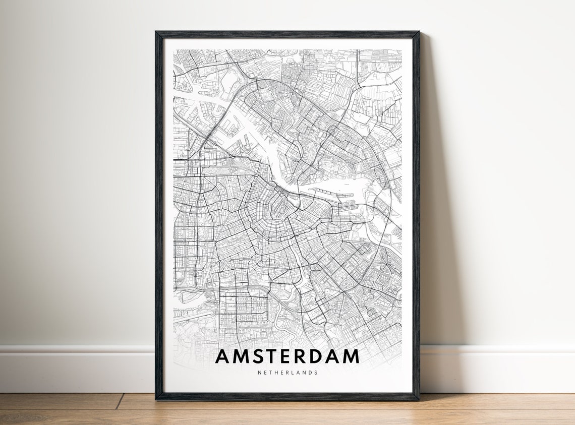 Amsterdam Netherlands Minimalist Street Map Black White Wall Art