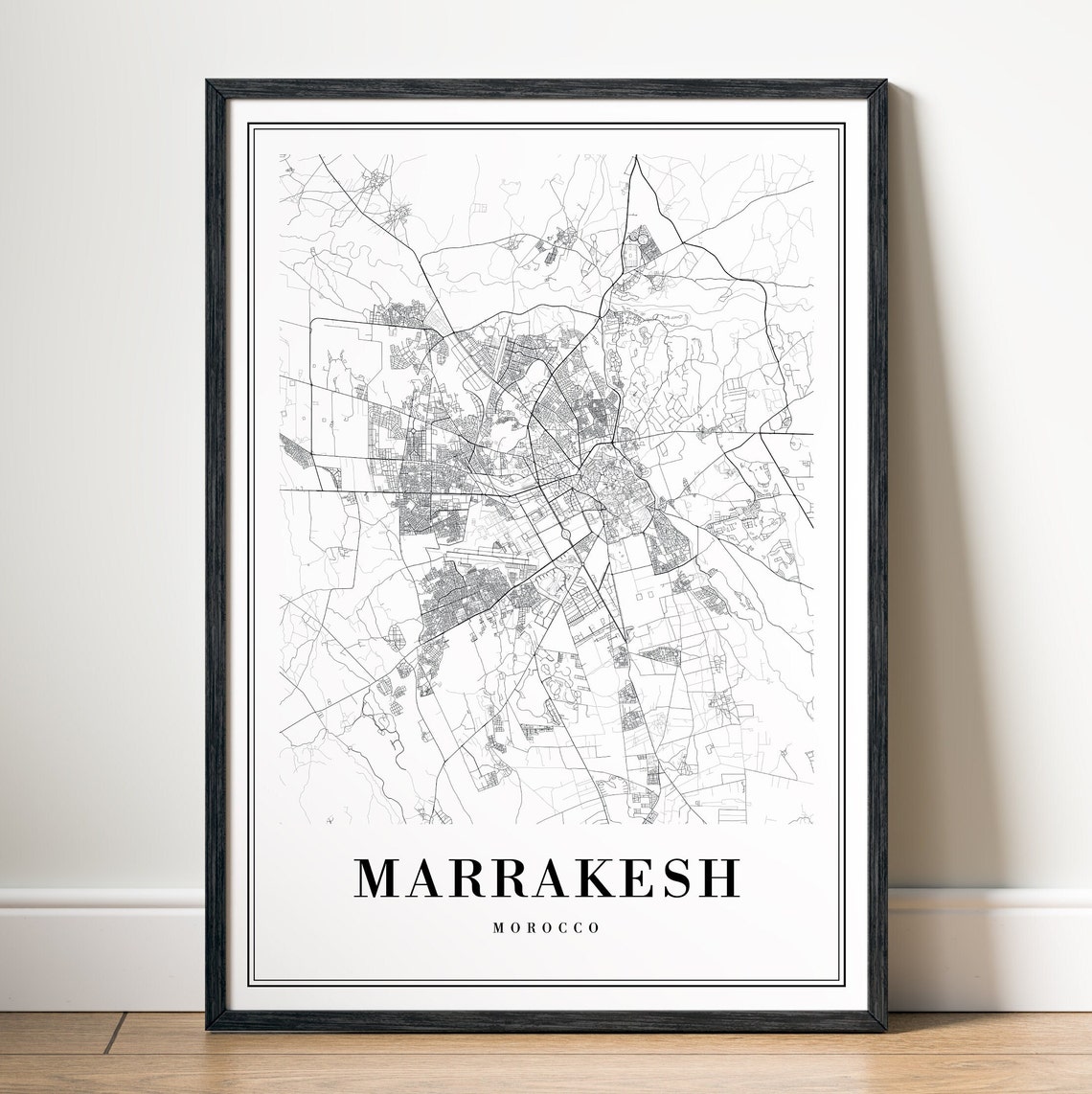Marrakesh Morocco Modern Minimalist Black White City Street Map Poster