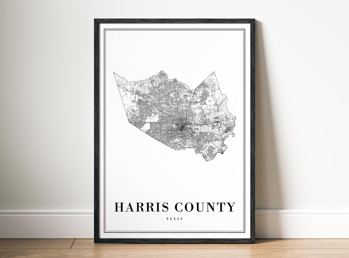 Harris County Tx Map Print Texas Poster Black And White