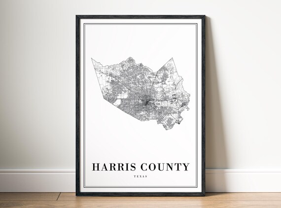 Harris County Tx Map Print Texas Poster Black And White